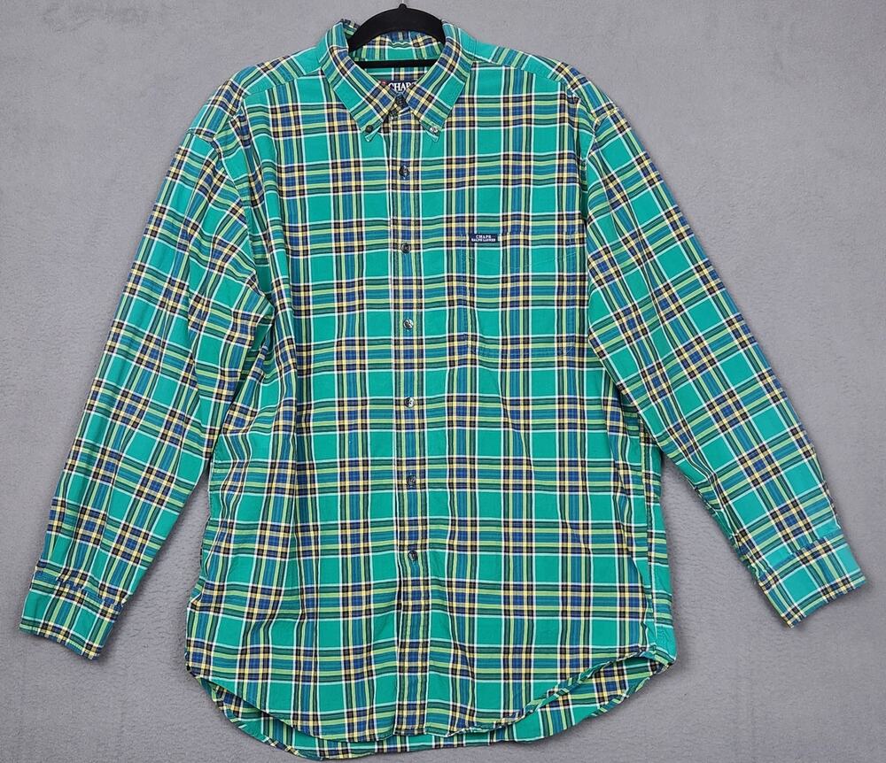 VINTAGE CHAPS RALPH LAUREN Shirt Mens Large Green Plaid Button Down Barrel Cuff